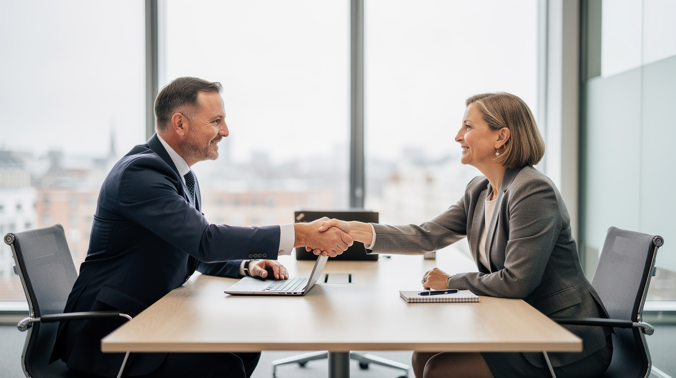 Business professionals shaking hands after a corporate planning meeting