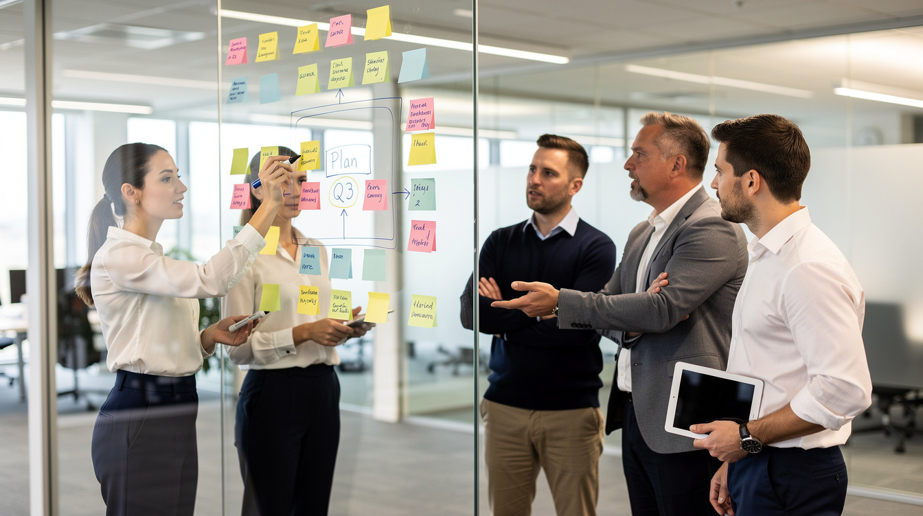 Group of colleagues planning strategy with notes on a glass wall