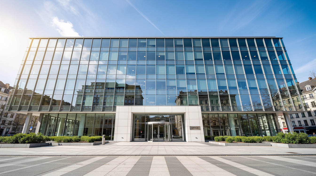 Modern glass office building exterior in a Belgian city