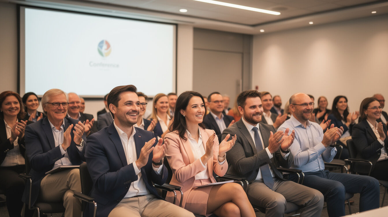 Diverse professionals applauding during a conference session
