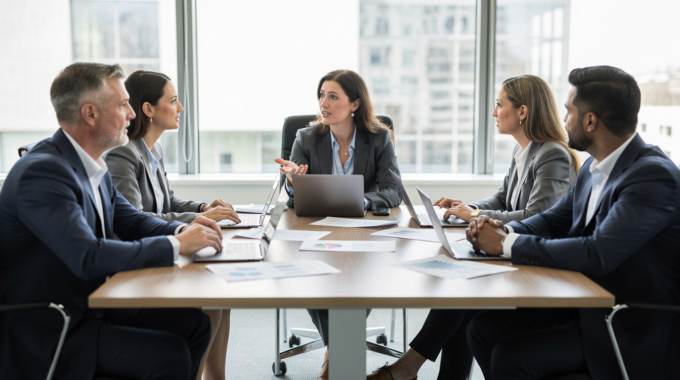 Group of professionals discussing around a table during a founding meeting